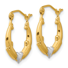 10K Gold and Rhodium Dolphin Heart Hoop Earrings with Polished Finish