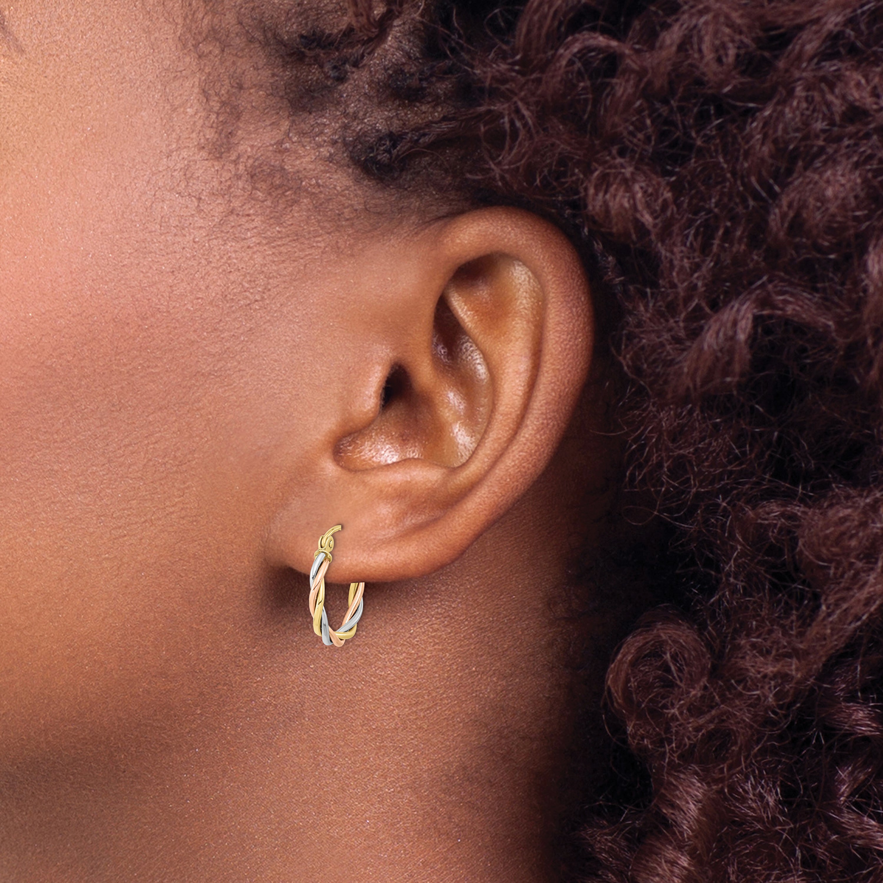 10k Tri-color Polished 2.5mm Twisted Hoop Earrings