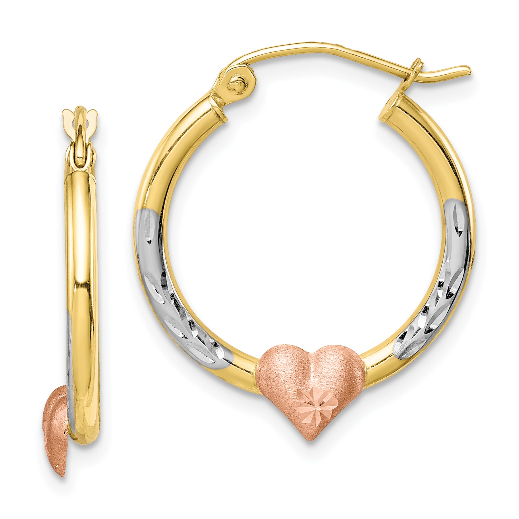 10k Two-tone & White Rhodium D/C Heart Hoop Earrings Main image