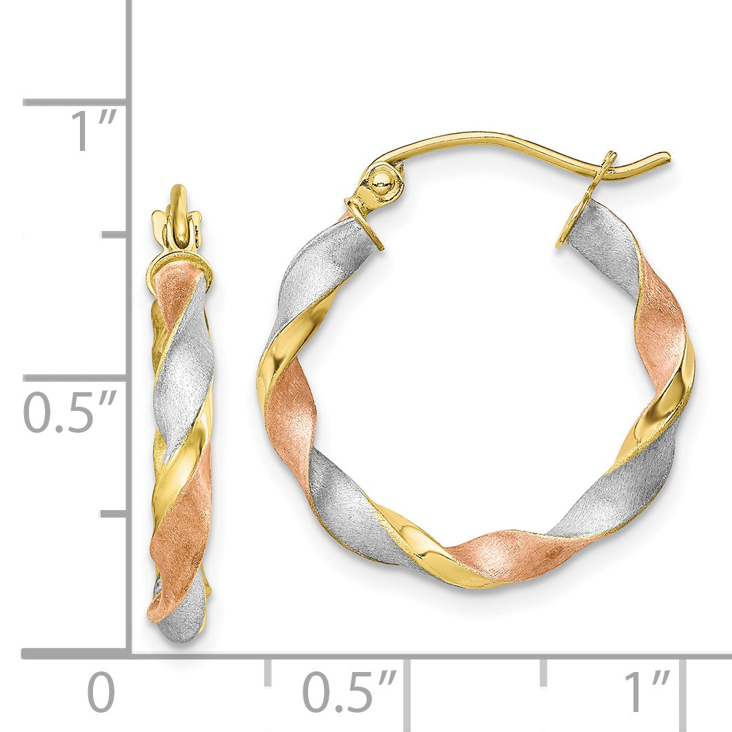 10K Two-Tone Gold Satin Twisted Hoop Earrings with Polished Finish Secondary image