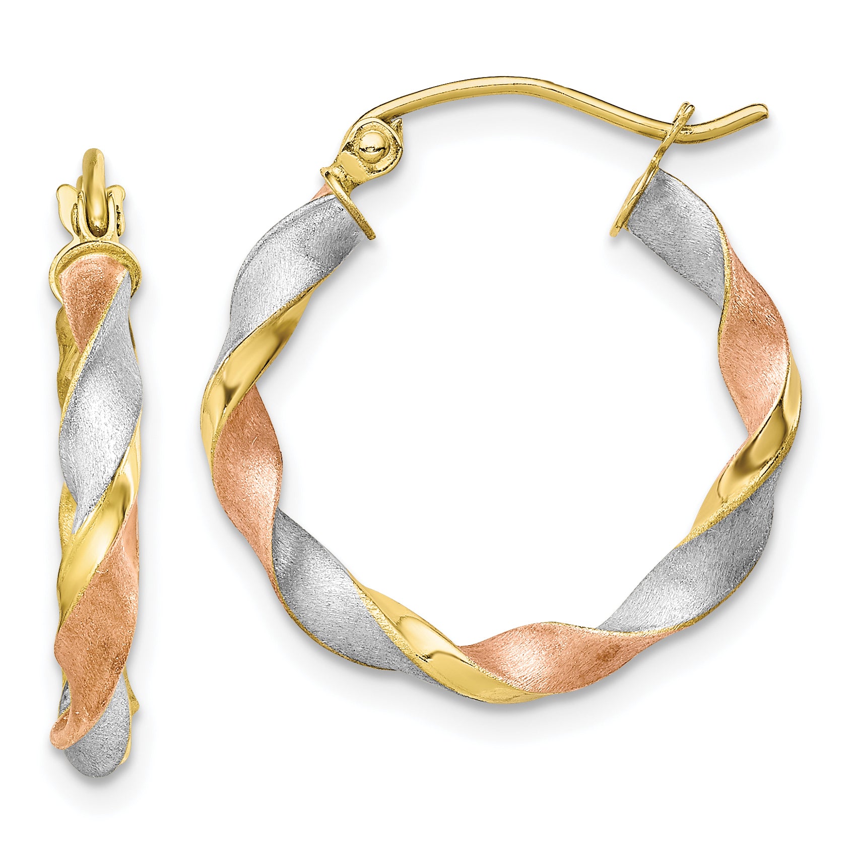 10k White & Rose Rhodium Satin Twisted Hoop Earrings Main image