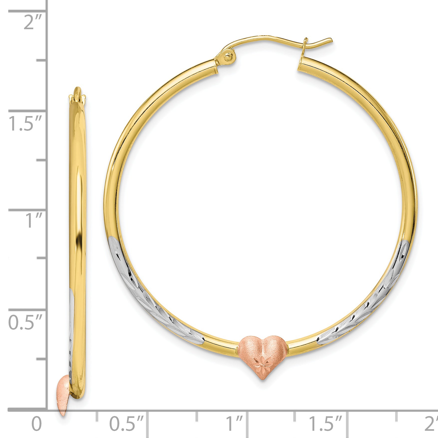 10K Two-Tone Gold Heart Hoop Earrings with Rhodium Accents and Polished Finish Secondary image