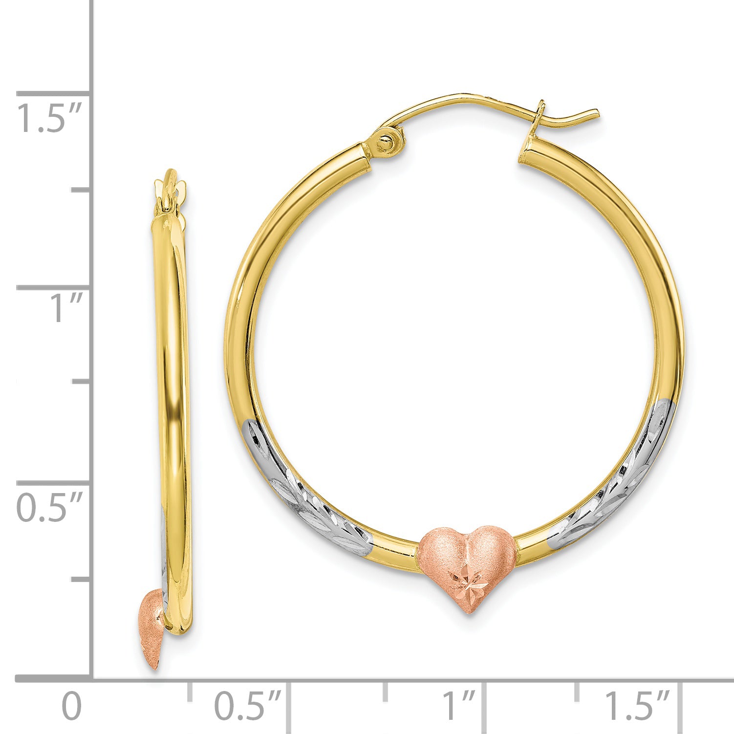 10K Two-Tone Gold Diamond-Cut Heart Hoop Earrings with Rhodium Finish Secondary image