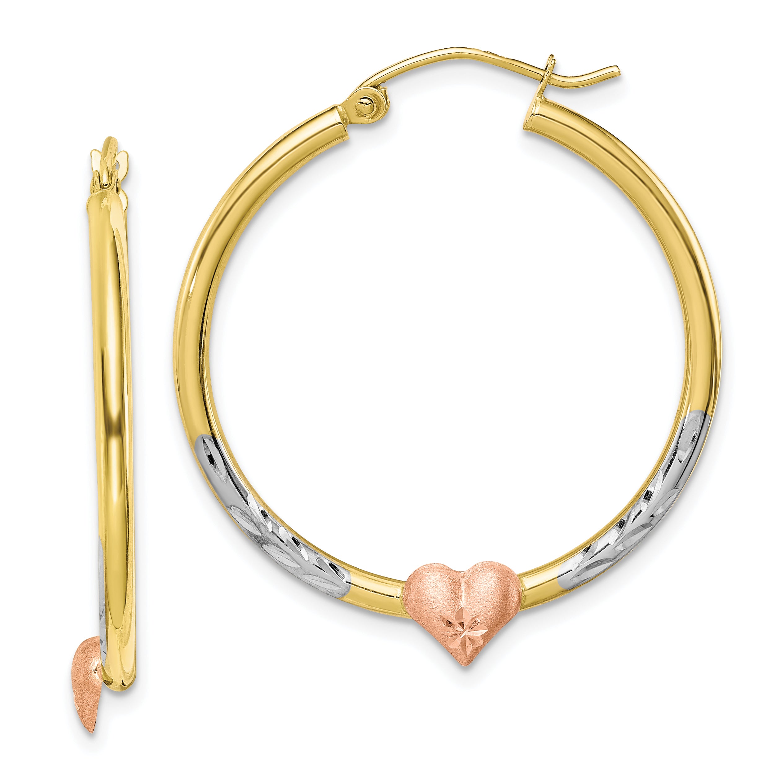 10k Two-tone and White Rhodium Diamond Cut Heart Hoop Earrings