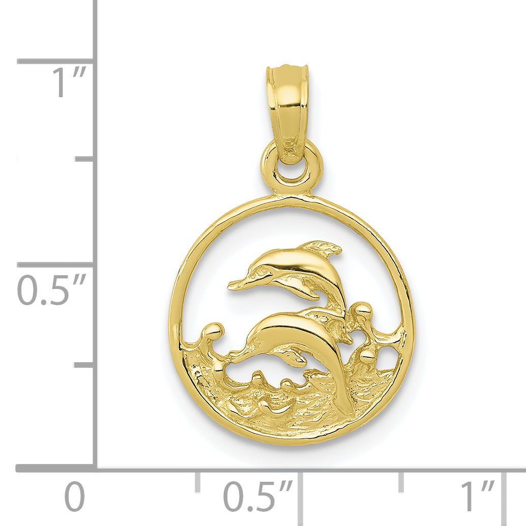 10K Double Dolphin Circle Pendant