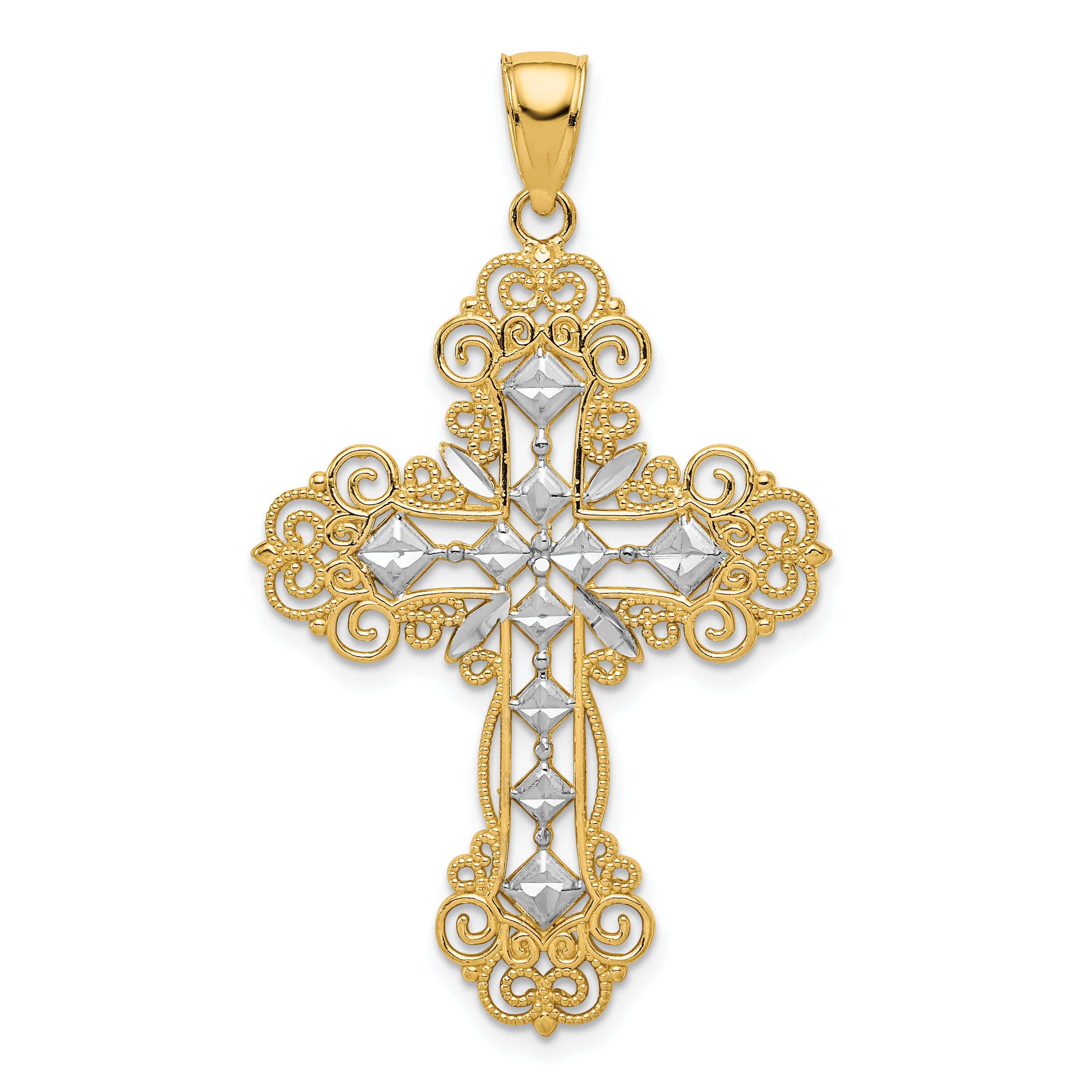 10K & Rhodium Polished & Textured Diamond Pattern Cross Pendant