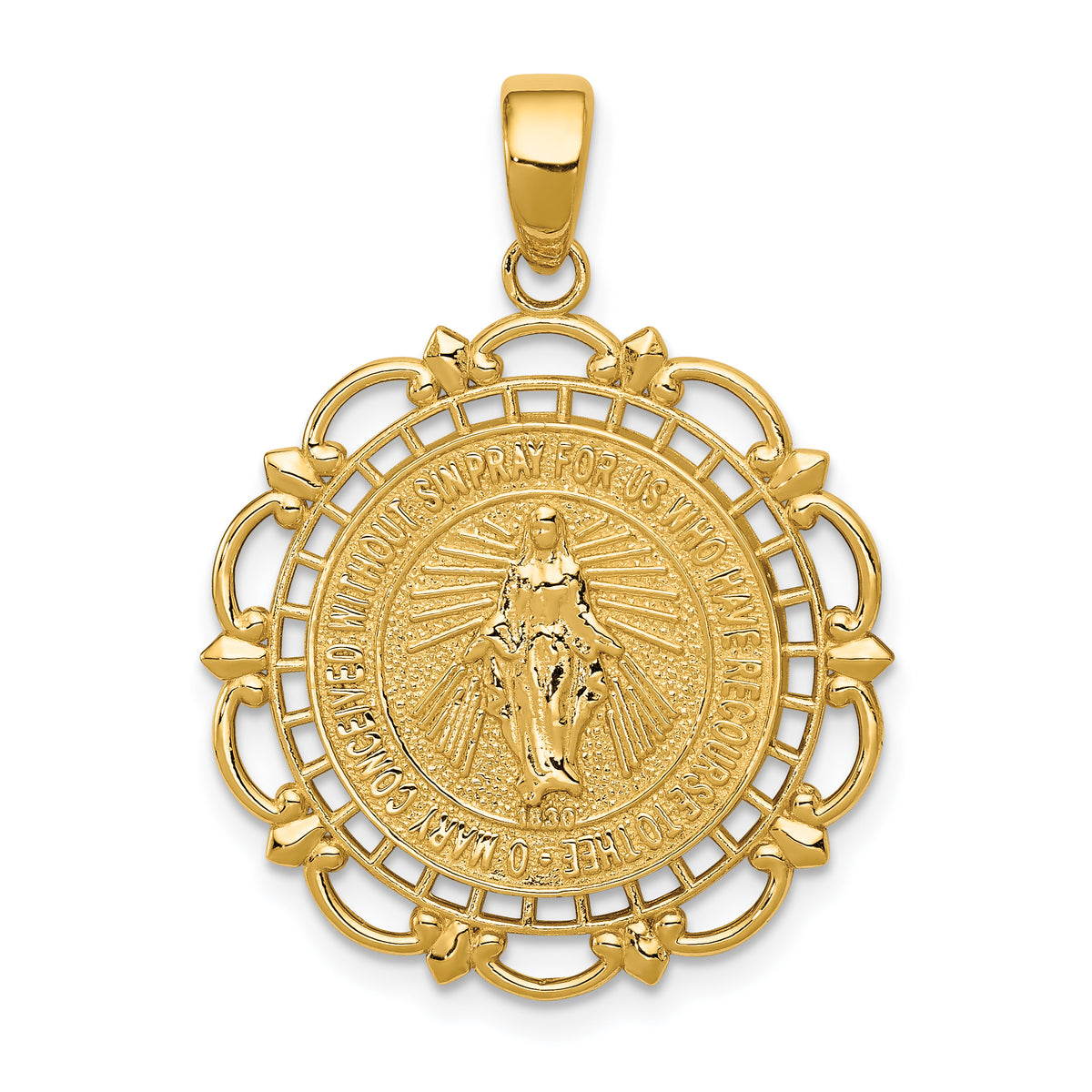 10K Polished Miraculous Medal With Scallop Frame Pendant