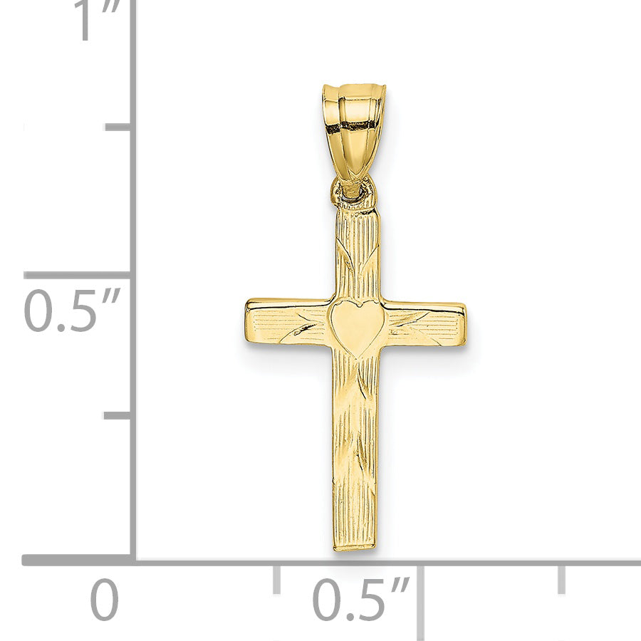 10K Polished and Engraved Cross W/ Heart Center Charm