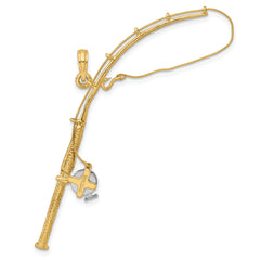 10K w/Rhodium 3-D Moveable Fishing Pole W/ Reel Pendant