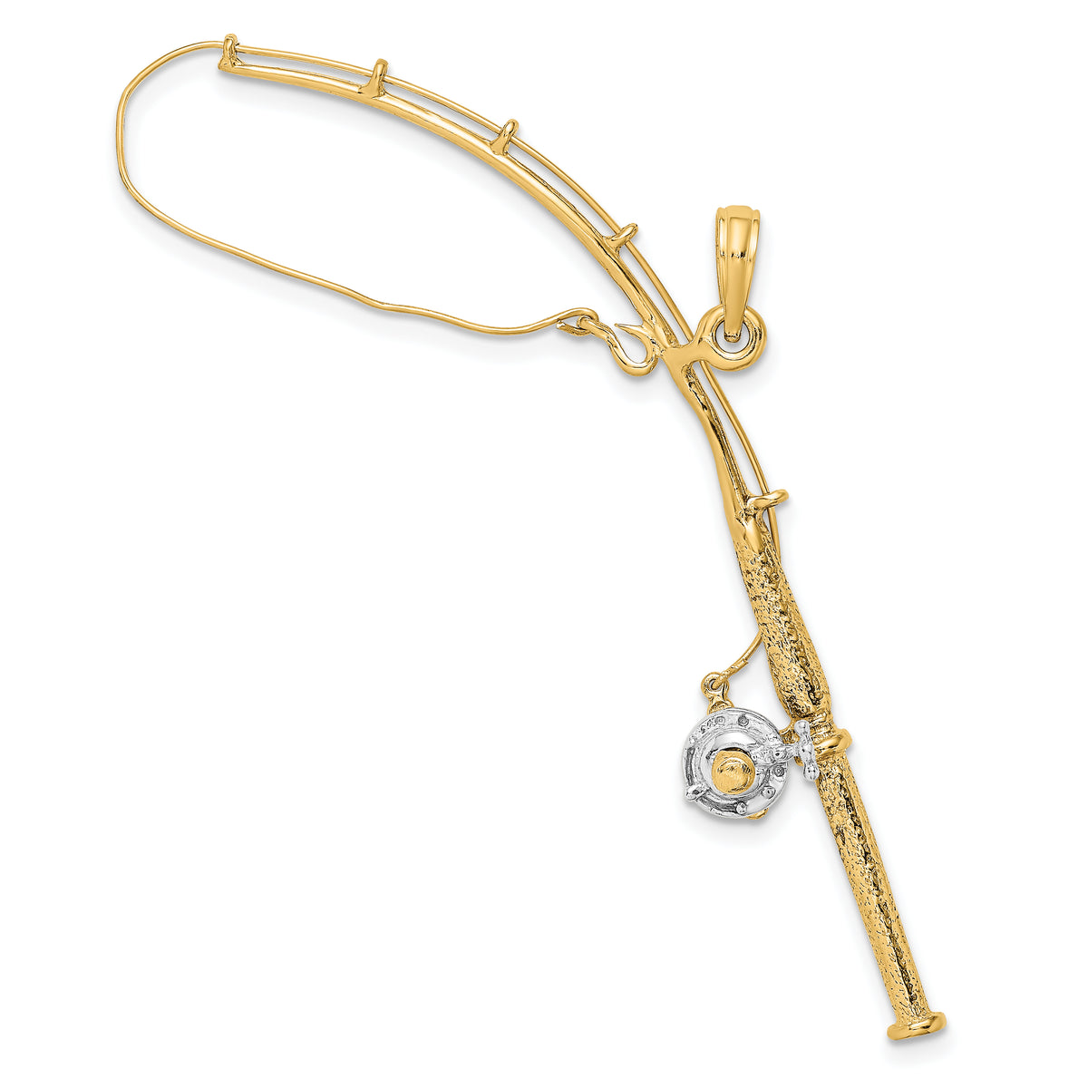 10K w/Rhodium 3-D Moveable Fishing Pole W/ Reel Pendant