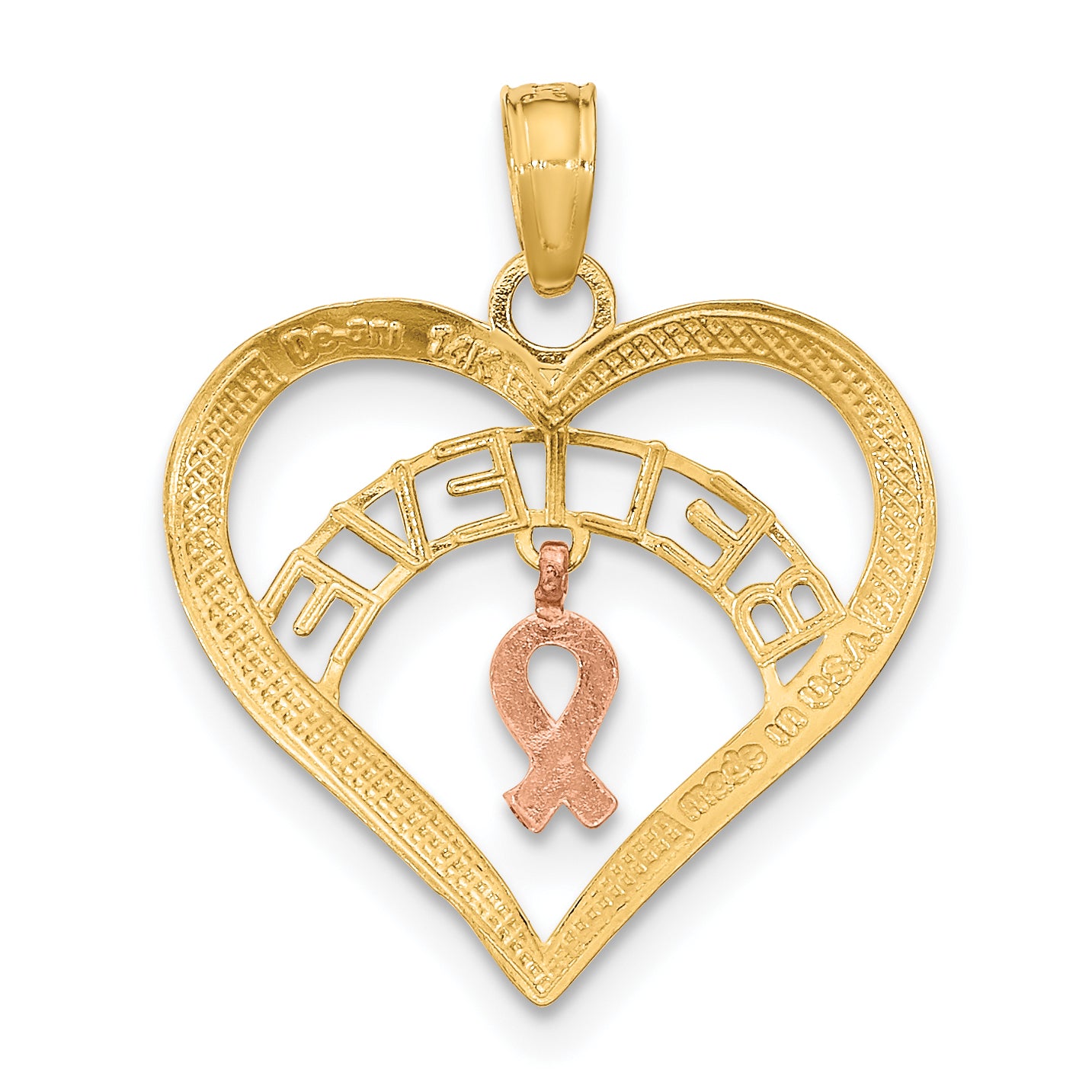 10k Two-tone with White Rhodium BELIEVE in Heart w/ Breast Cancer Ribbon