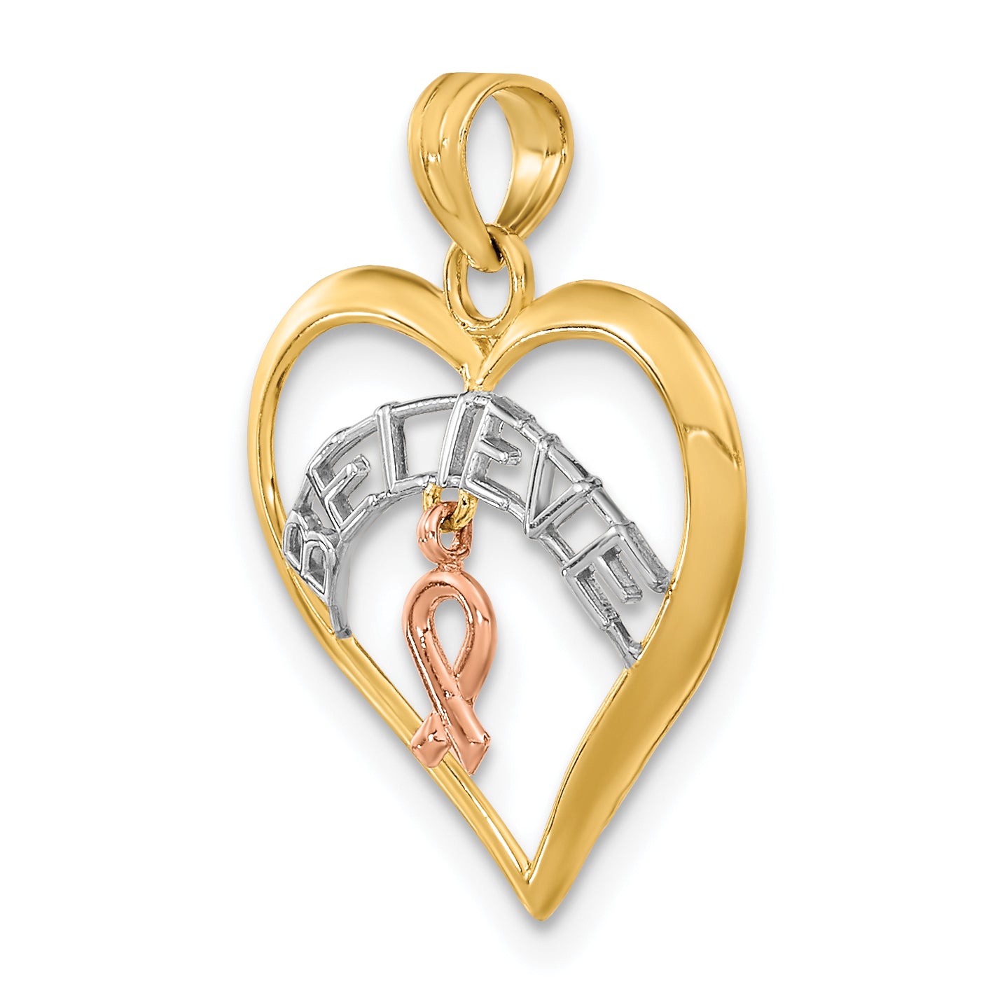 10k Two-tone with White Rhodium BELIEVE in Heart w/ Breast Cancer Ribbon