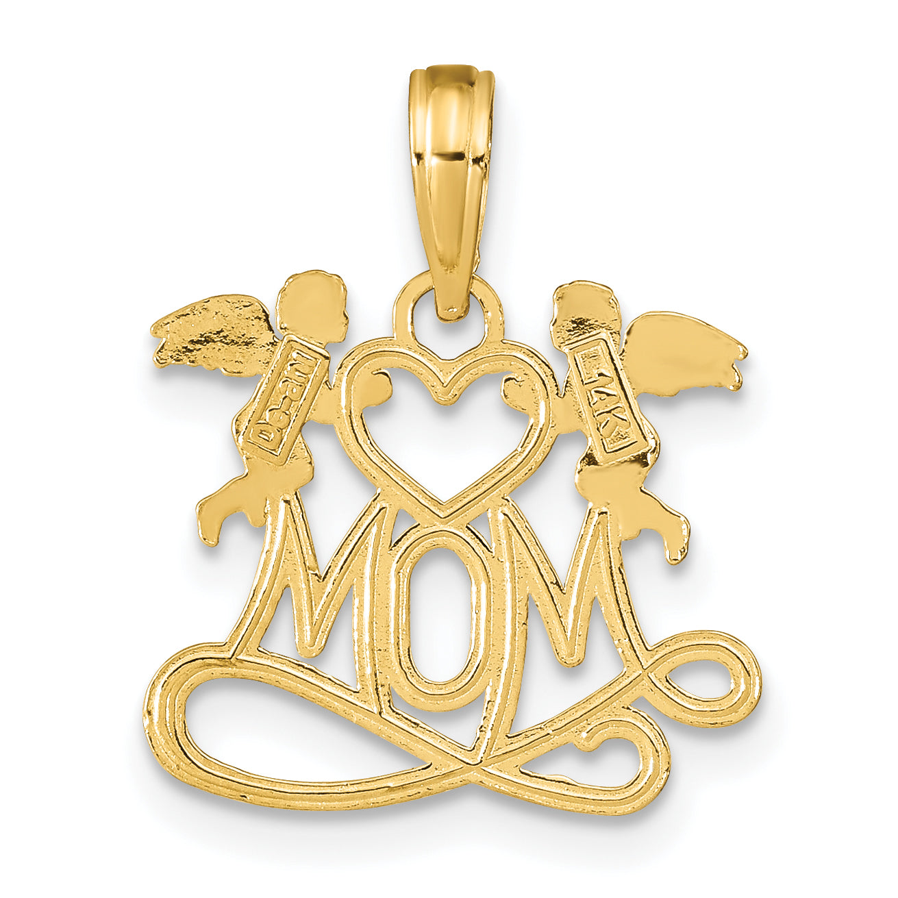 10K Polished MOM w/Heart and Angels Pendant