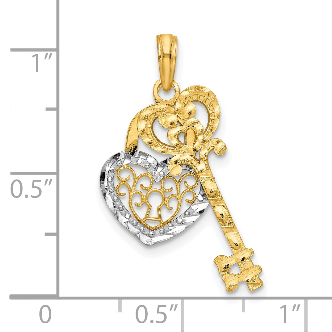 10k & w/Rhodium Filigree Heart Lock and Key Pendant