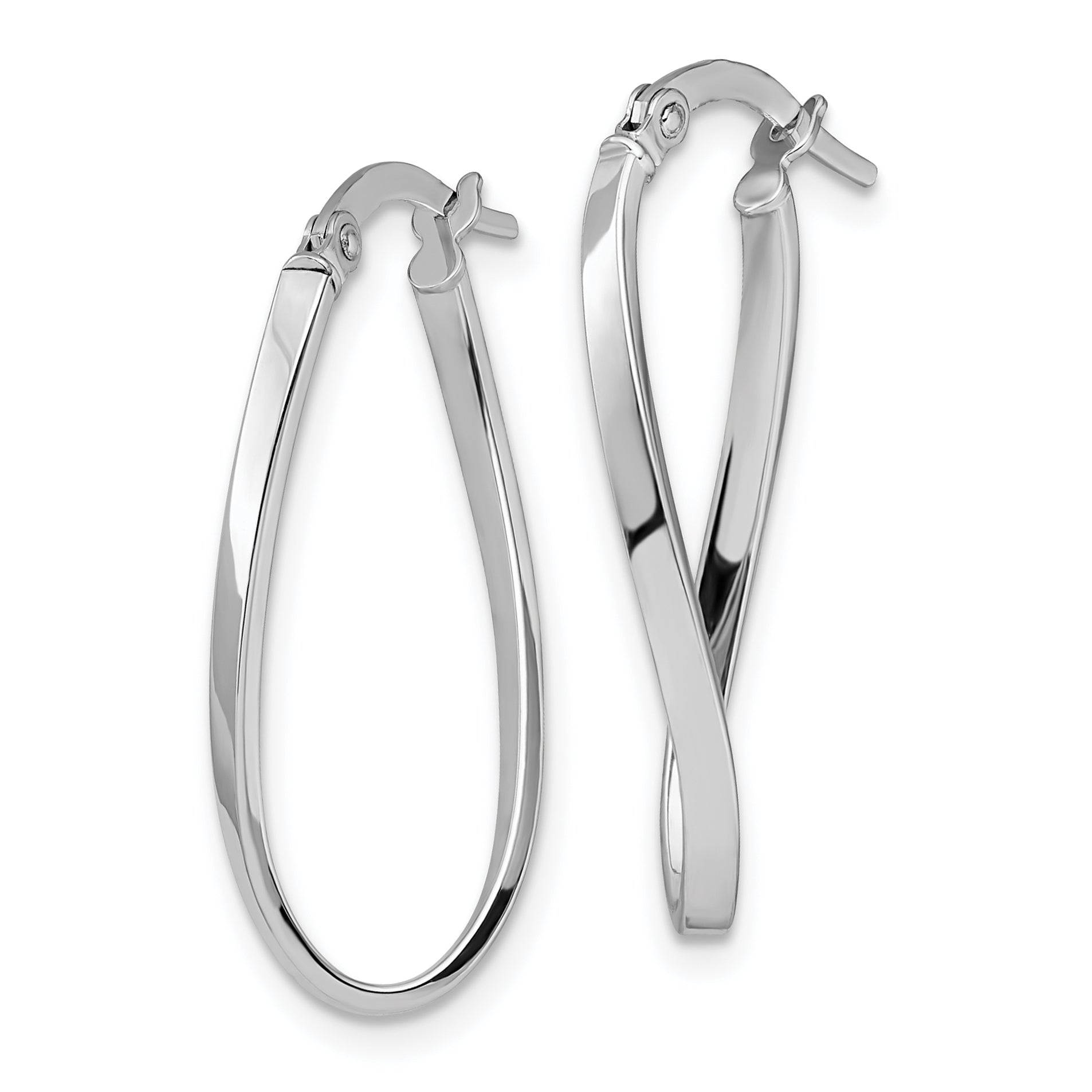 10K White Gold Polished Oval Hoop Earrings with Rhodium Finish, Twisted Design Secondary image