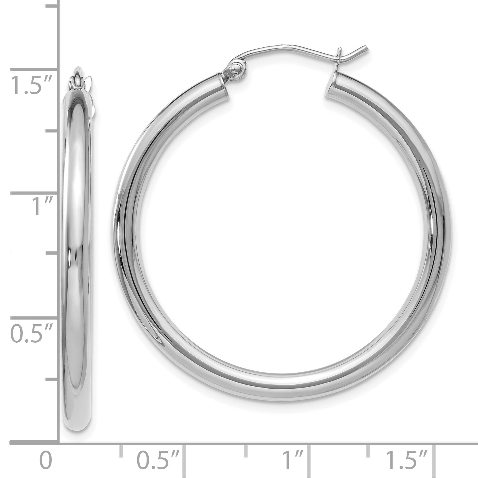 10K White Gold Polished Hoop Earrings with Rhodium Finish  35mm Elegant Design