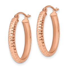 10K Rose Gold Oval Hoop Earrings with Rhodium Accent, Textured Finish, 23mm
