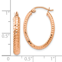 10K Rose Gold Oval Hoop Earrings with Rhodium Accent, Textured Finish, 23mm