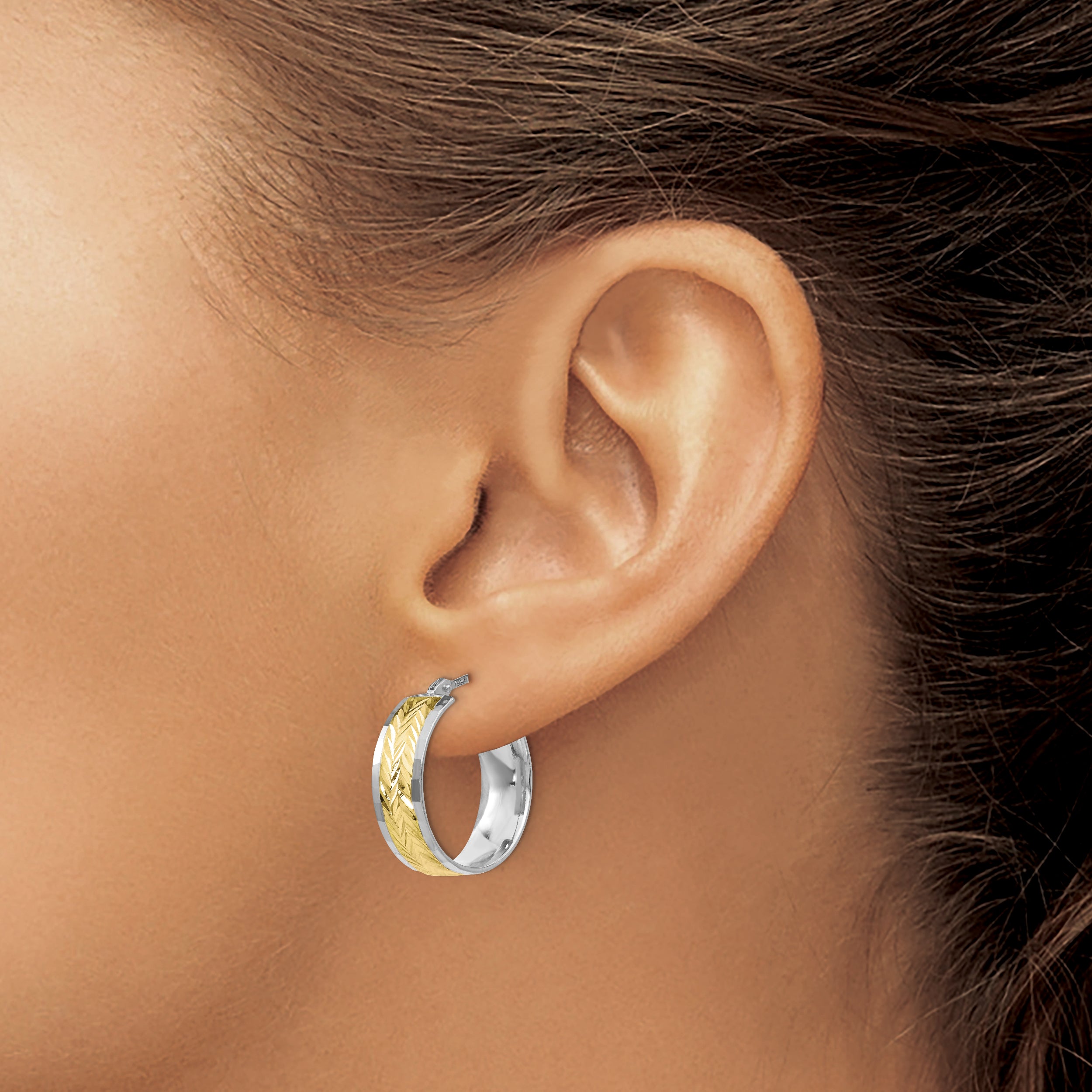 10K White Gold Diamond-Cut Hoop Earrings with Yellow Rhodium Finish, Polished