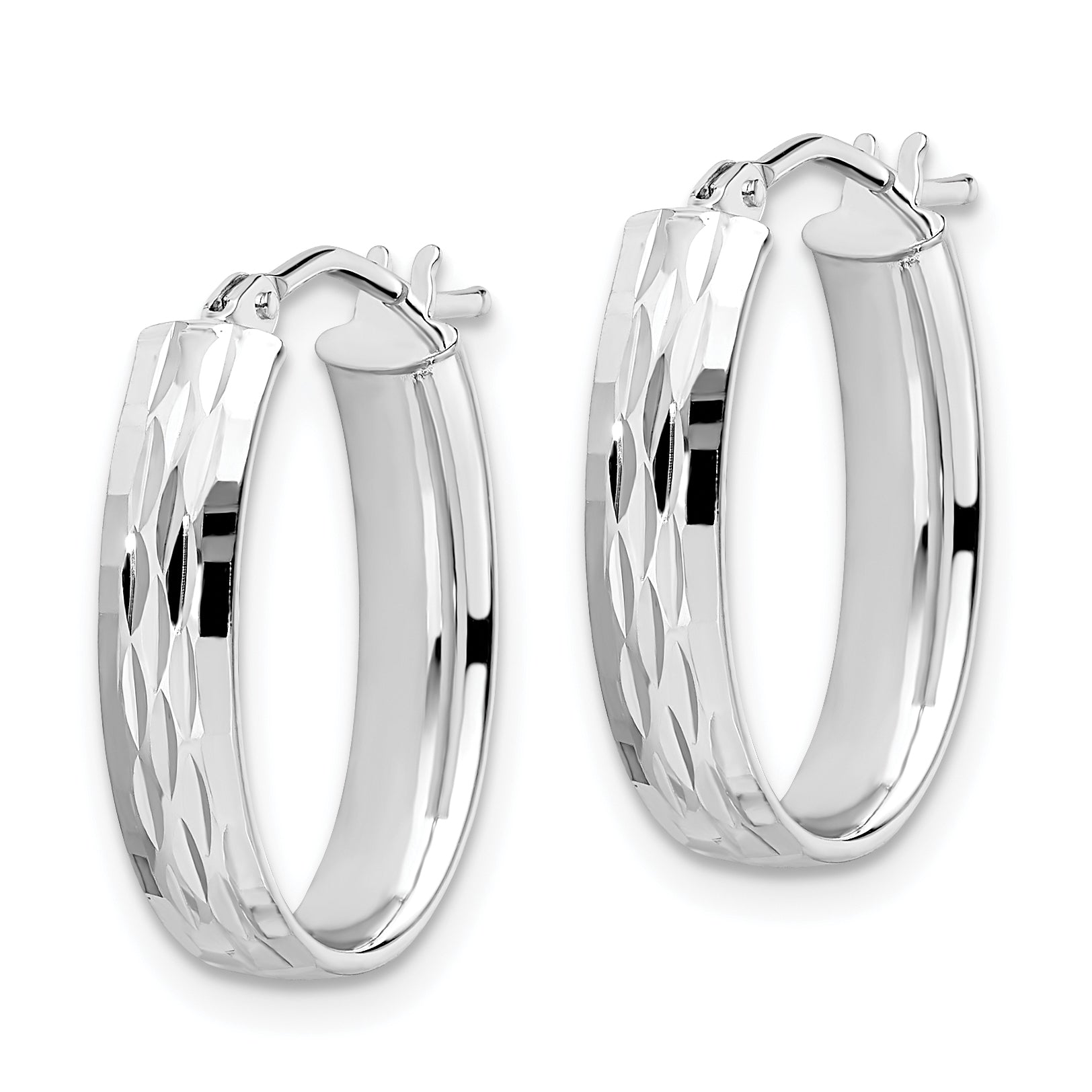 10K White Gold Diamond-Cut Hoop Earrings with Polished Rhodium Finish