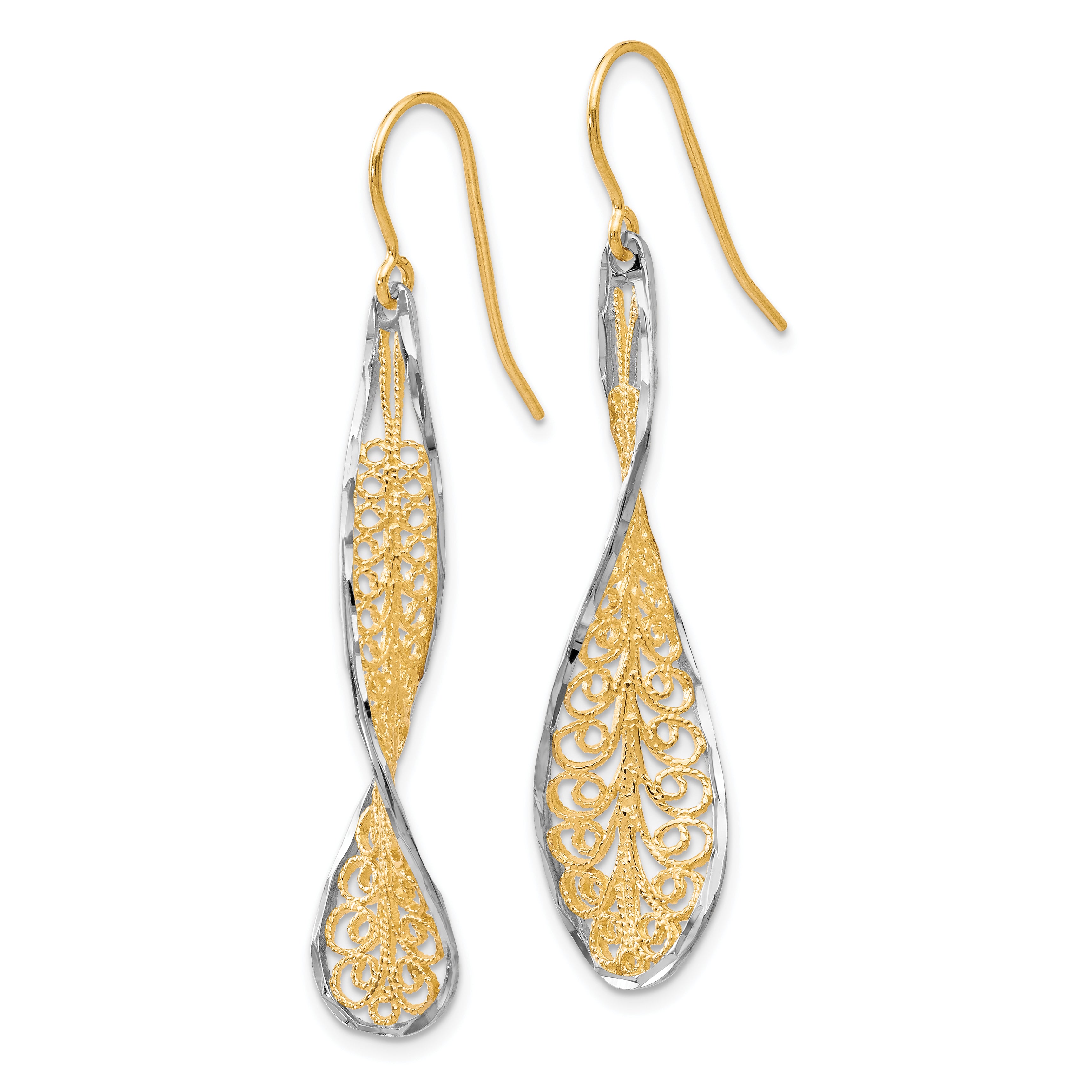 10K Two-Tone Gold Dangle Earrings with Polished Diamond-Cut Finish Secondary image