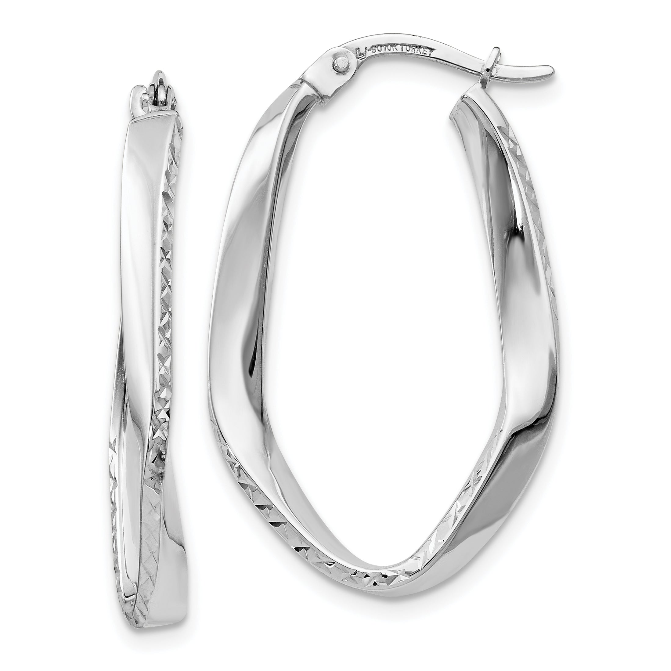 10K White Gold Polished and D/C Oval Hoop Earrings Main image