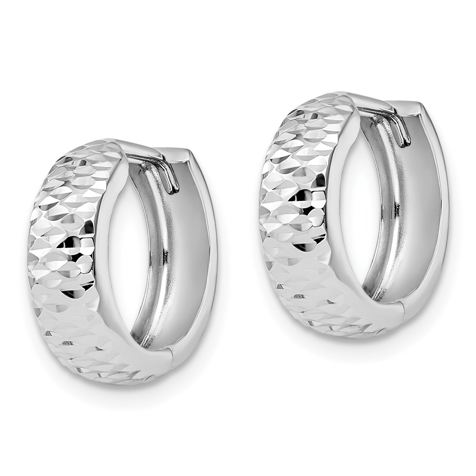 10K White Gold Diamond-Cut Hoop Earrings with Polished Finish and Hinged Closure