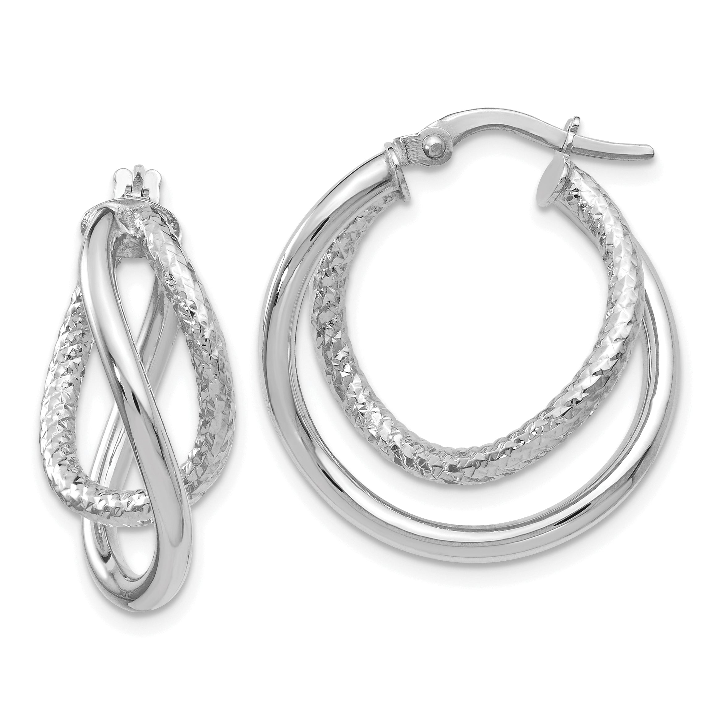 10K White Gold Polished and Textured Fancy Hoop Earrings