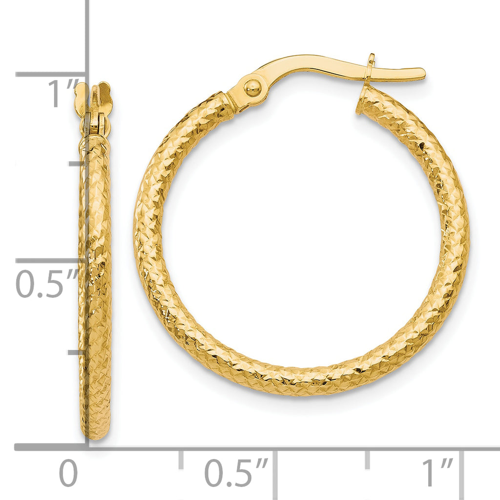 10K Gold Polished & Textured Hoop Earrings with Hinged Clasp  25mm