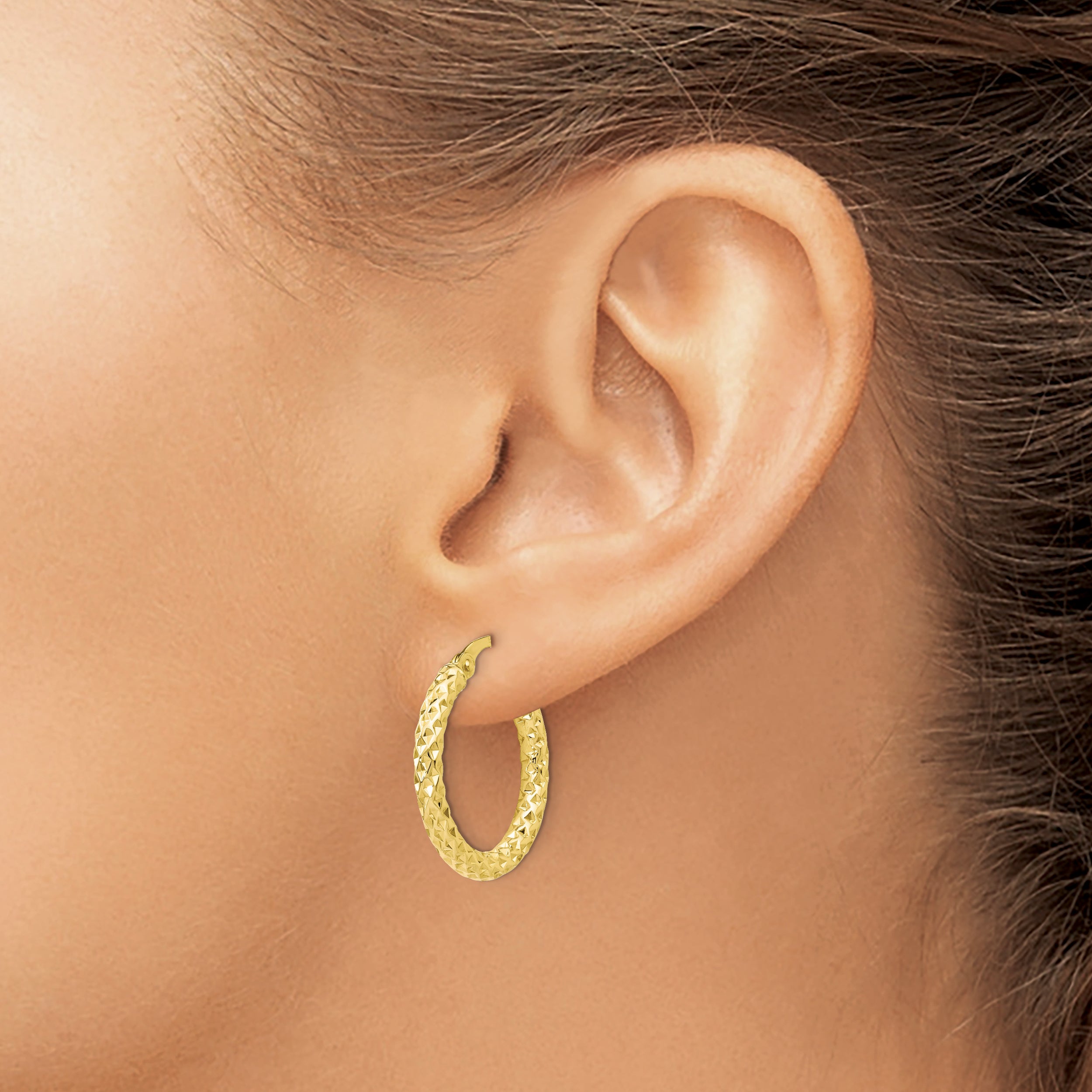 10K Gold Polished Hollow Hoop Earrings with Textured Finish 23mm