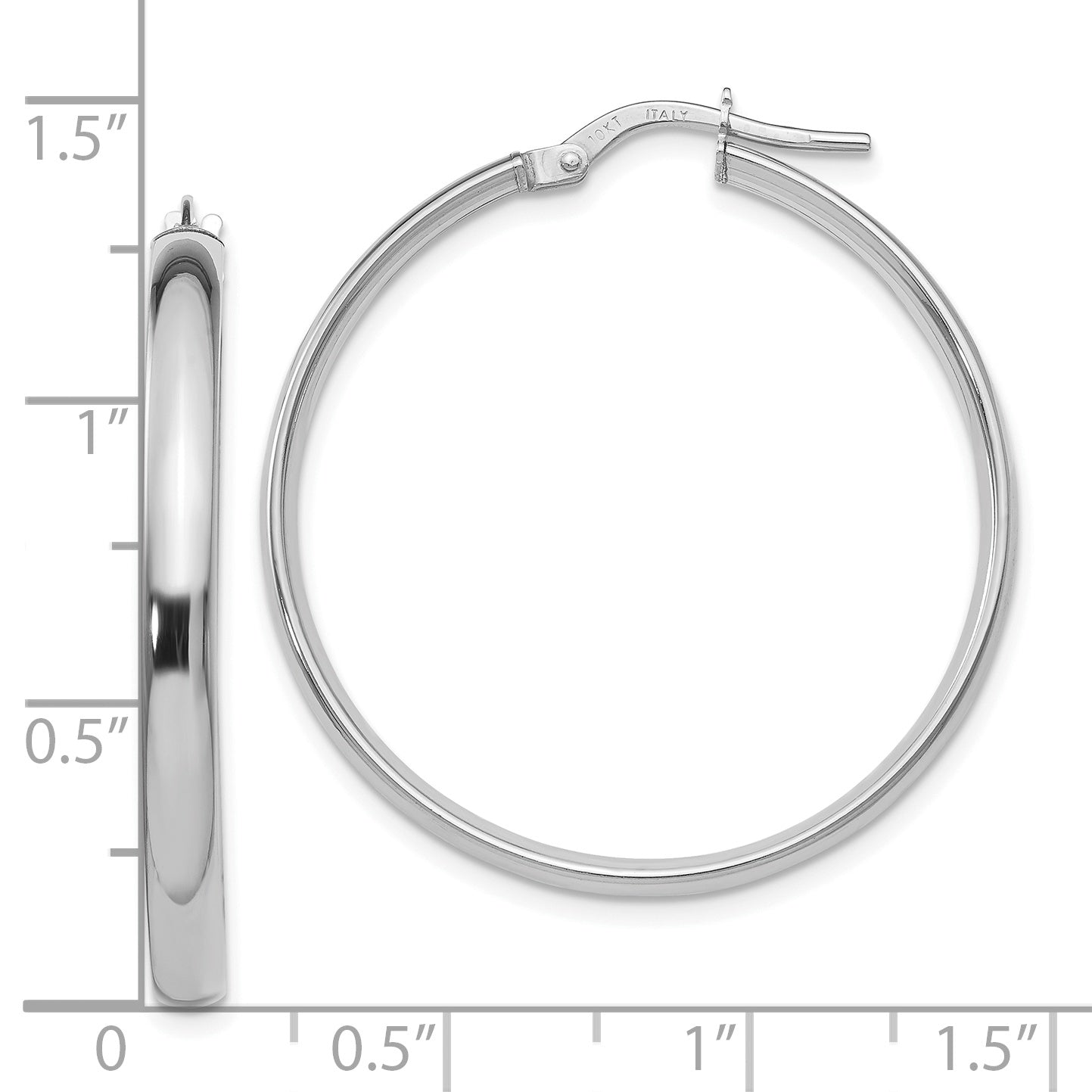 10K White Gold Polished Hoop Earrings with Rhodium Finish, Hollow Design