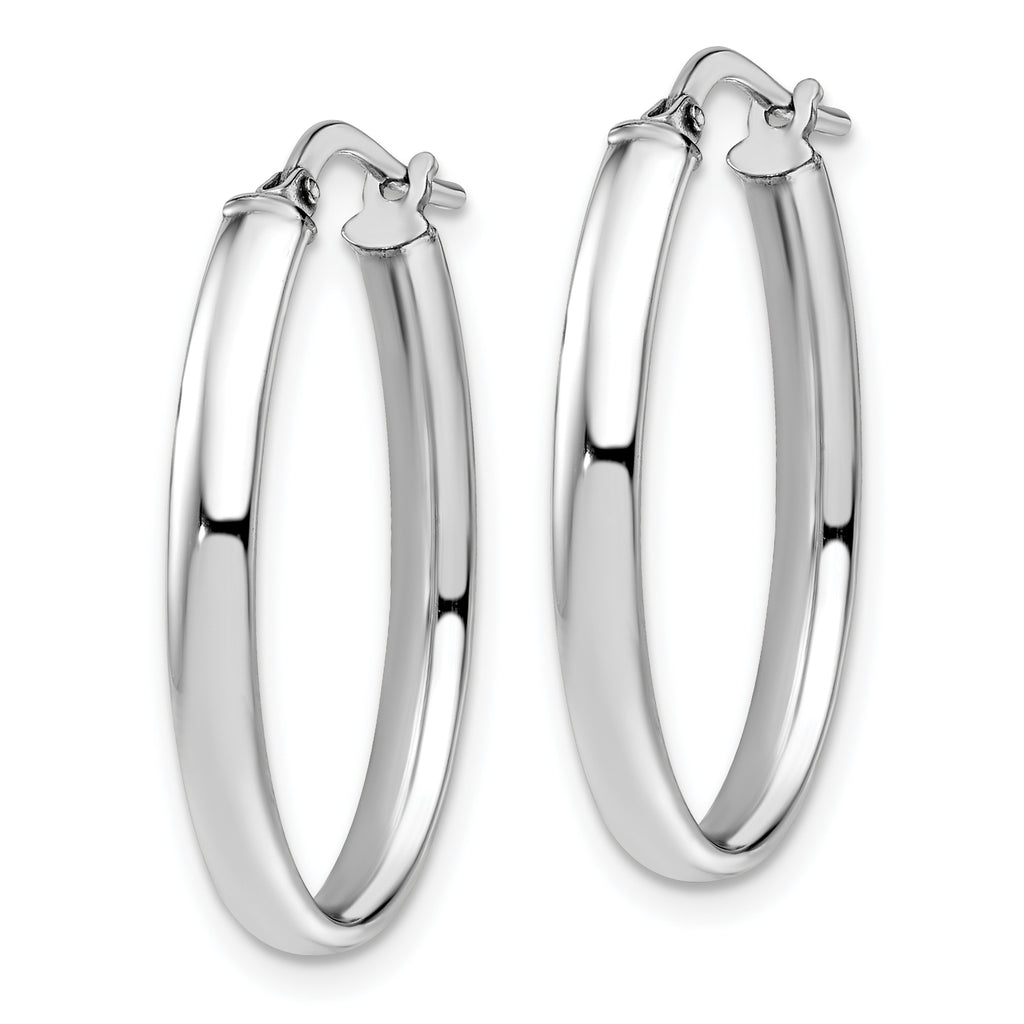 10K White Gold Oval Hoop Earrings with Polished Finish and Rhodium Plating