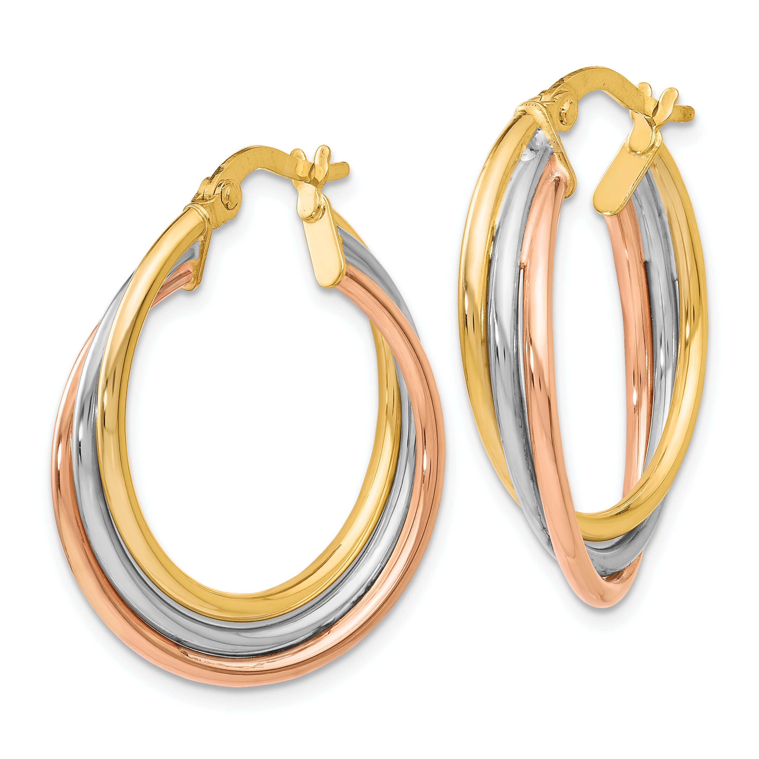 10K Tri-color Polished and Textured Twisted Hoop Earrings