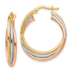 10K Tri-color Polished and Textured Twisted Hoop Earrings