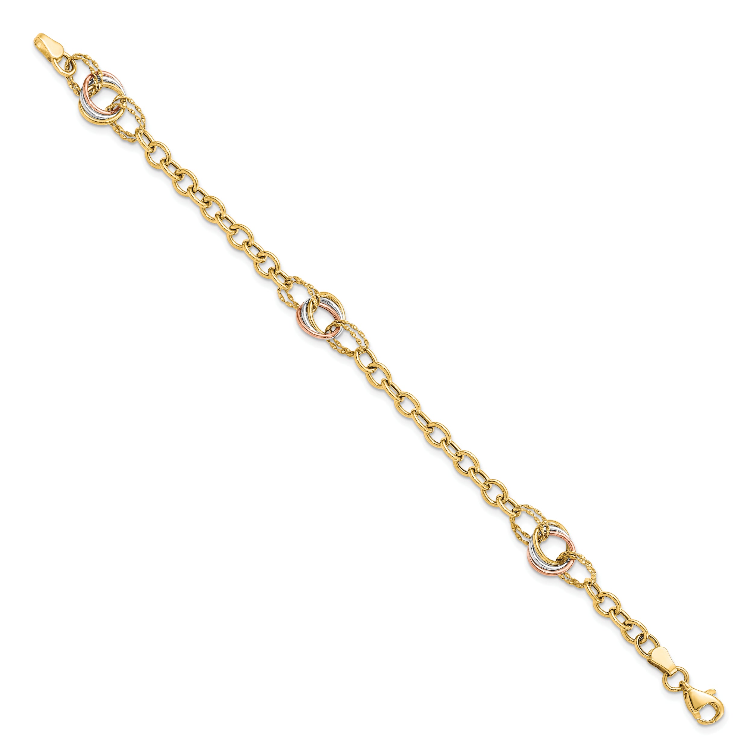 10K Tri-color Polished and Textured Fancy Link Bracelet