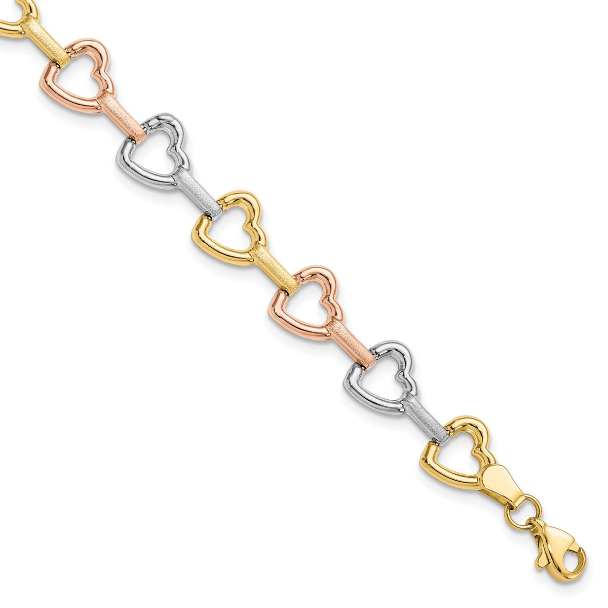 Tri-Color Heart Bracelet in 10K Tri-Color Gold, 8mm, 7.5 Inch - Sophia Jewelers Main image