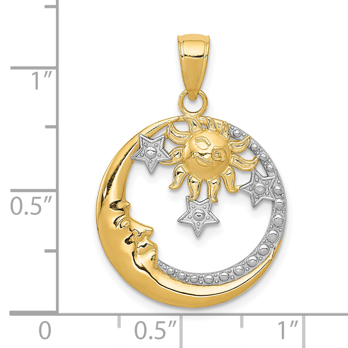 10k and Rhodium D/C Moon, Stars, and Sun Pendant