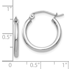 10K White Gold Hoop Earrings with Rhodium Finish, Polished 2mm Tube Design
