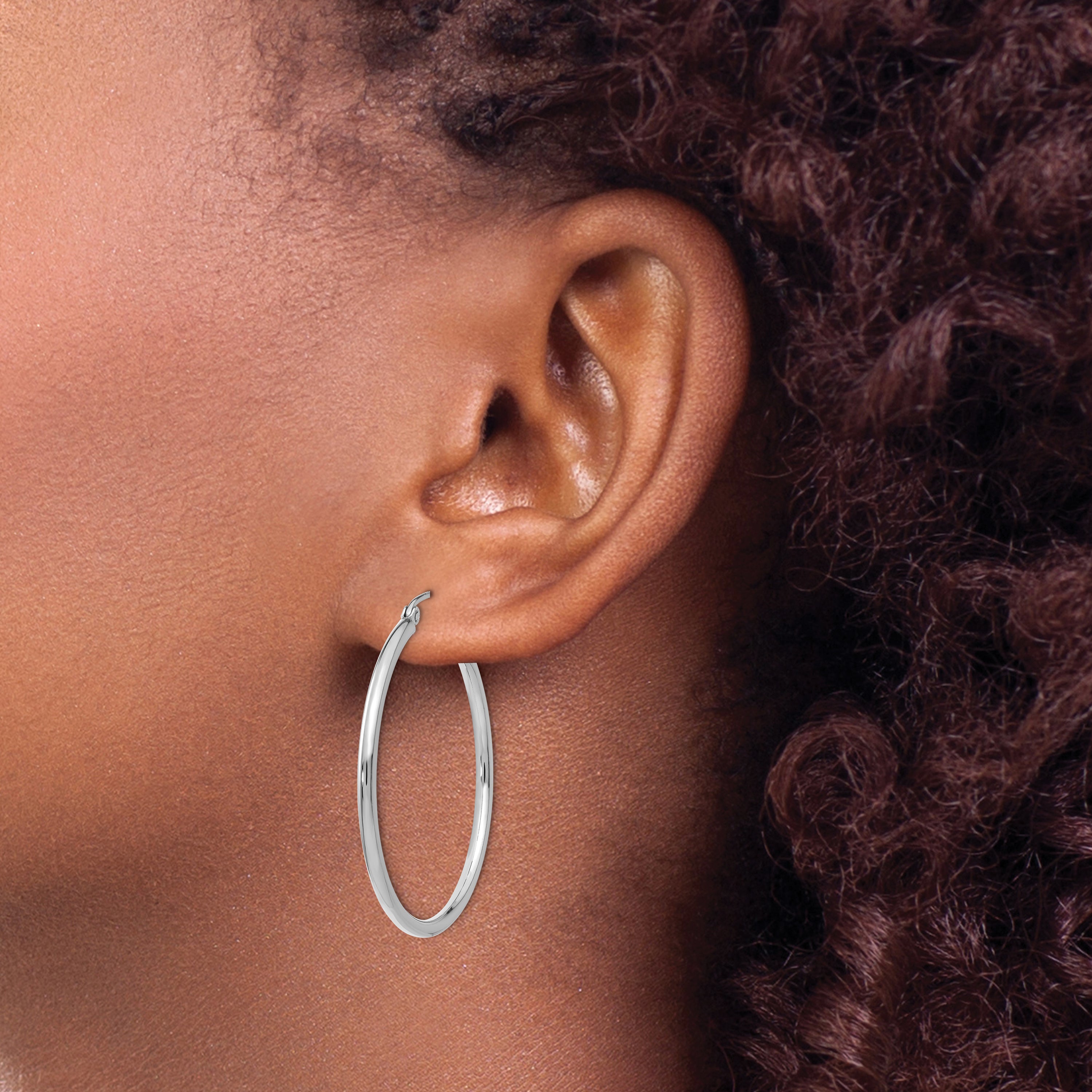 10K White Gold Polished Hoop Earrings with Rhodium Finish 2mm Tube Design