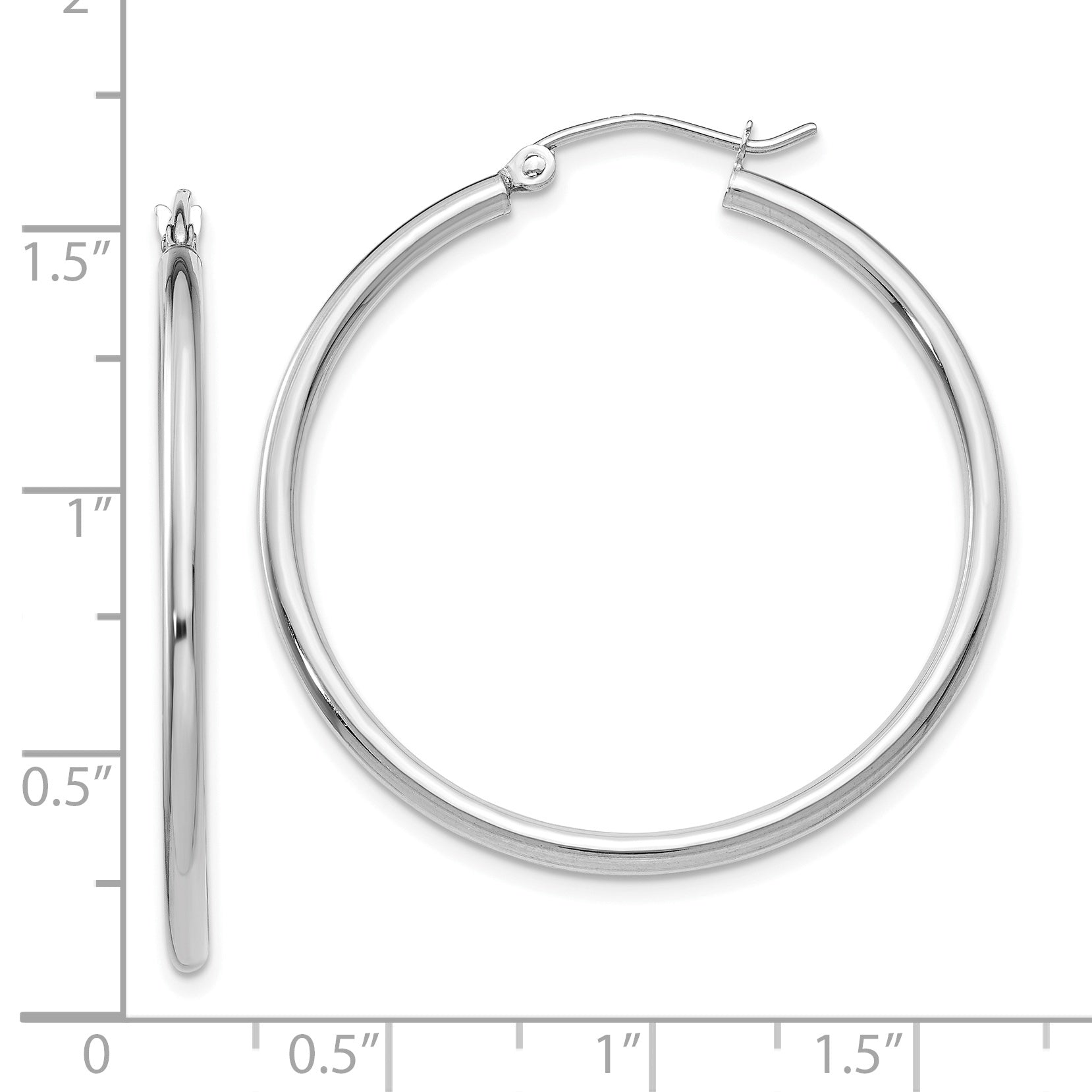 10K White Gold Polished Hoop Earrings with Rhodium Finish 2mm Tube Design