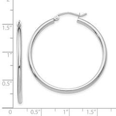10K White Gold Polished Hoop Earrings with Rhodium Finish 2mm Tube Design