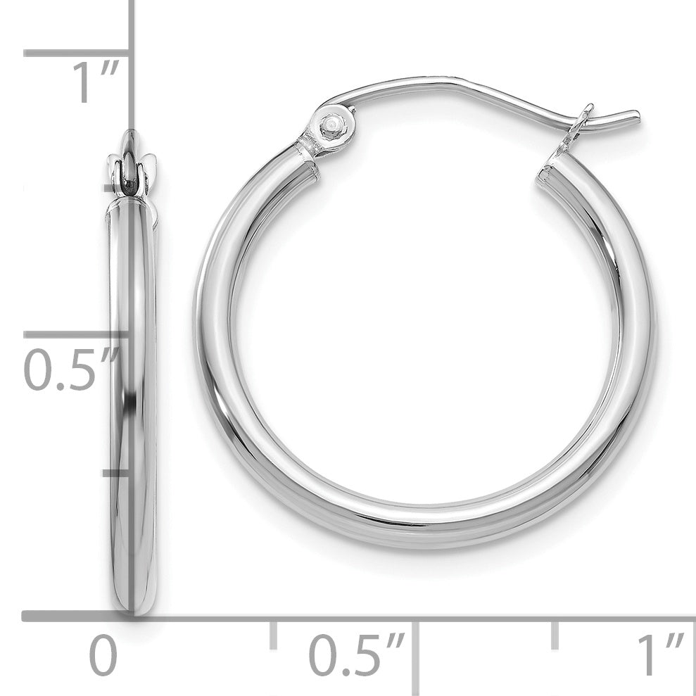 10K White Gold Polished Hoop Earrings with Rhodium Plating 2mm Tube Elegant Design