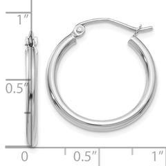 10K White Gold Polished Hoop Earrings with Rhodium Plating 2mm Tube Elegant Design