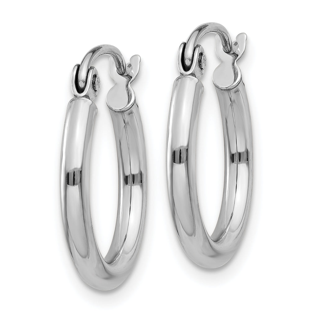 10K White Gold Polished Hoop Earrings with Rhodium Finish, 2mm Tube