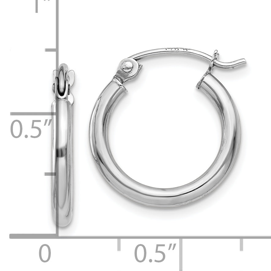10K White Gold Polished Hoop Earrings with Rhodium Finish, 2mm Tube