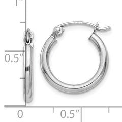 10K White Gold Polished Hoop Earrings with Rhodium Finish, 2mm Tube