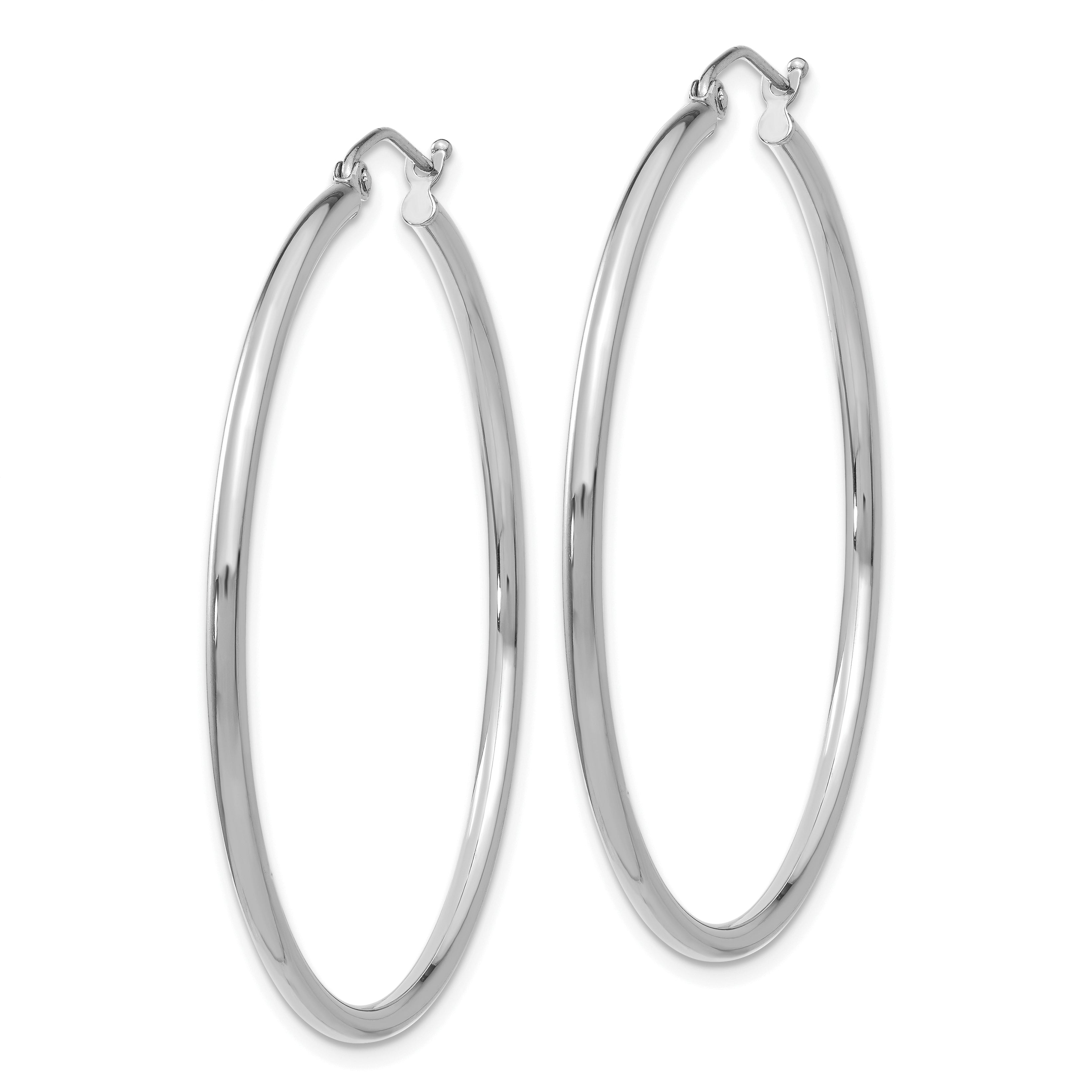 10K White Gold Polished Hoop Earrings with Rhodium Finish 2mm Tube