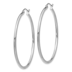 10K White Gold Polished Hoop Earrings with Rhodium Finish 2mm Tube