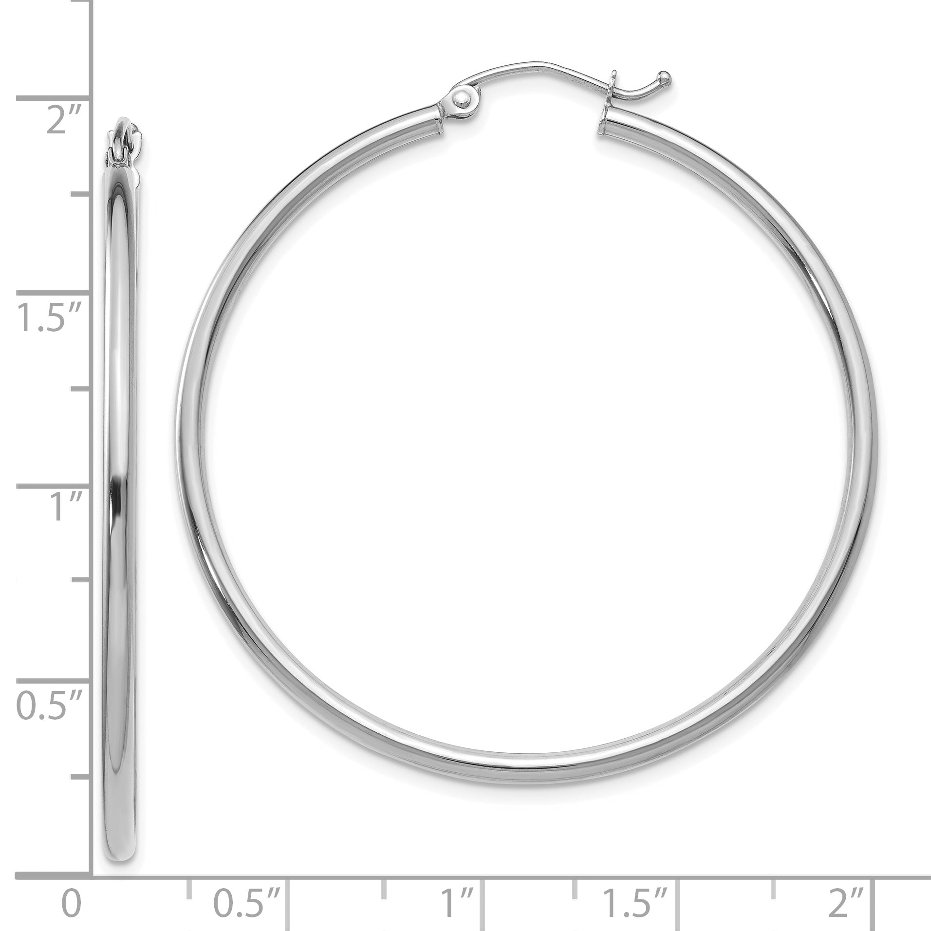 10K White Gold Polished Hoop Earrings with Rhodium Finish 2mm Tube