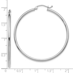 10K White Gold Polished Hoop Earrings with Rhodium Finish 2mm Tube